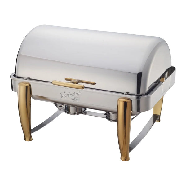 Winco 101A Virtuoso Stainless Steel 8qt Roll-top Chafer with a Gold Accent, Extra Heavyweight