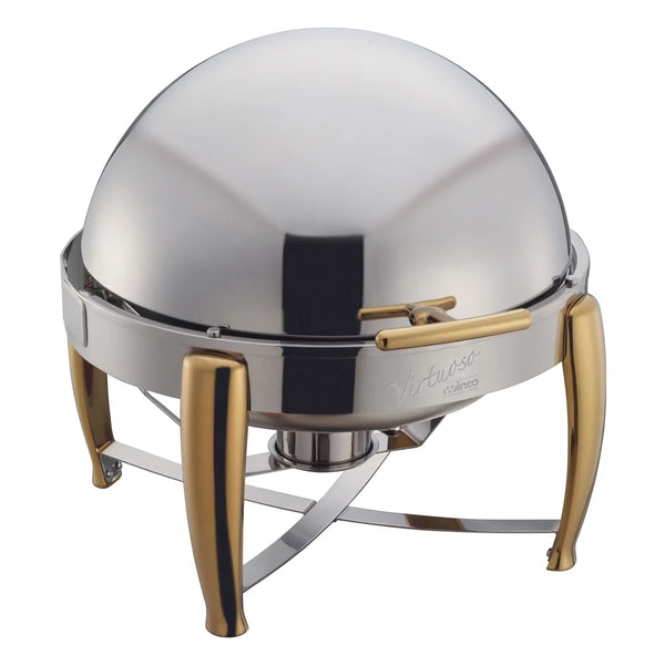 Winco 103A Virtuoso Stainless Steel 6qt Round Roll-Top Chafer with Gold Accent