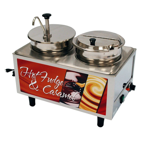 Winco 51073H Benchmark Hot Fudge/Caramel Warmer with Pump, Ladle and Lid, 120V