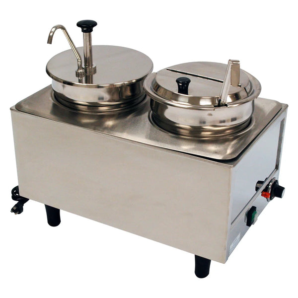 Winco 51073P Benchmark Dual Well Food Warmer with 1 Pump, 1 Ladle and Lid, 120 V