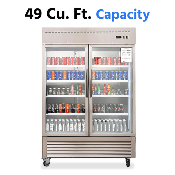Reach-In Refrigerator, 54", 2 Glass Doors, 49 Cu. Ft., Stainless Steel, 6-Year Warranty