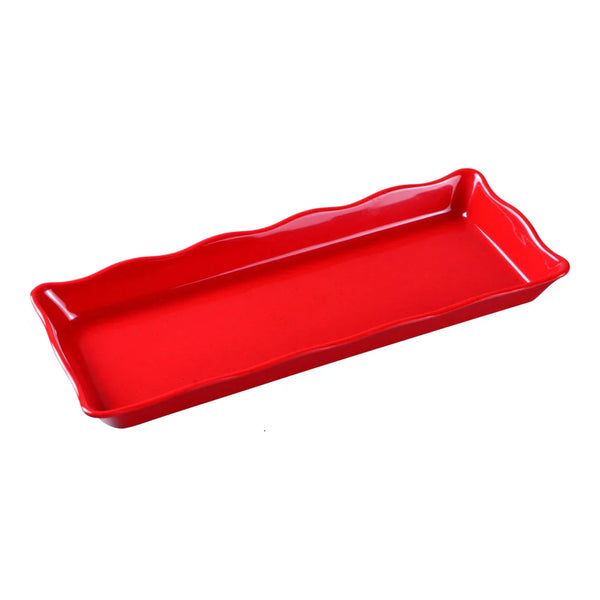 Yanco DC-6014R Deli 14" Rectangular Serving Tray in Red Melamine with Scallop Edged - Pack of 6