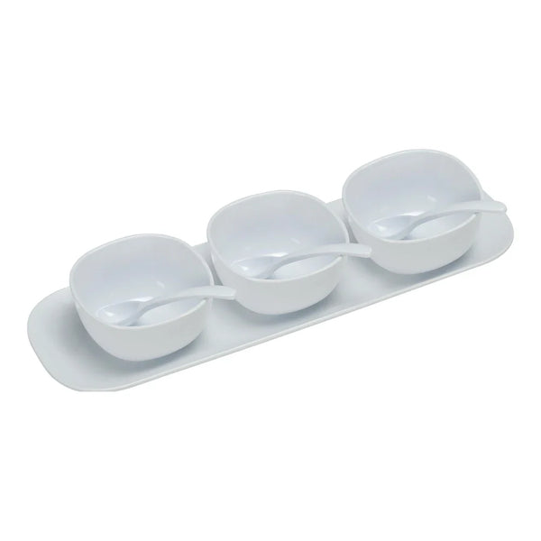 Yanco RM-9002 White Melamine Rome Condiment Server Set with 16" Saucer, 3 Bowls and Spoons, Pack of 12