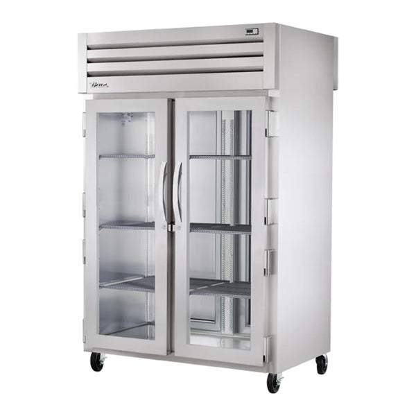 True STR2HPT-2G-2S Spec Series 52 5/8" Stainless Steel 2 Section Glass Front, Solid Back Door Pass-Through Heated Holding Cabinet