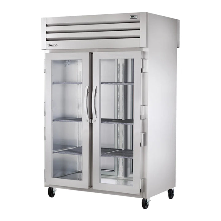 True STR2HPT-2G-2S Spec Series 52 5/8" Stainless Steel 2 Section Glass Front, Solid Back Door Pass-Through Heated Holding Cabinet
