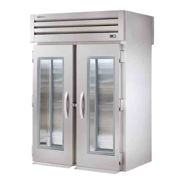 True STR2RRT-2G-2S Spec Series 68" Stainless Steel 2 Section Glass Front, Solid Back Door Roll-Through Refrigerator