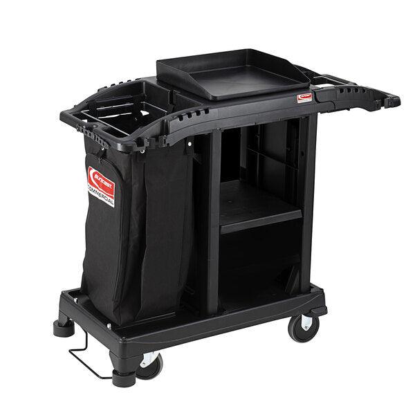 Standard Compact Janitorial Housekeeping Cart with Bag, Industrial Plastic Frame, Top Tray, 2 Large Shelves