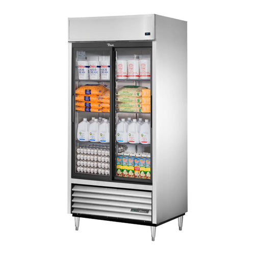 True TSD-33G-HC-LD Stainless Steel and Aluminum Two Section Reach In Refrigerator 2 Sliding Glass Doors with LED Lighting, Silver, 115v/1ph