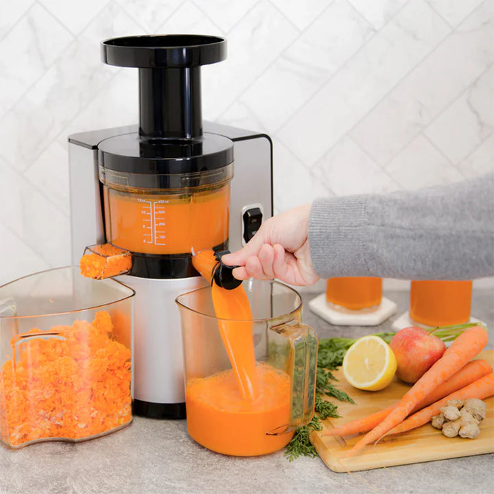 Omega VSJ843QS Silver Vertical Masticating 150-Watt, 43 RPM Compact Cold Press Juicer Machine