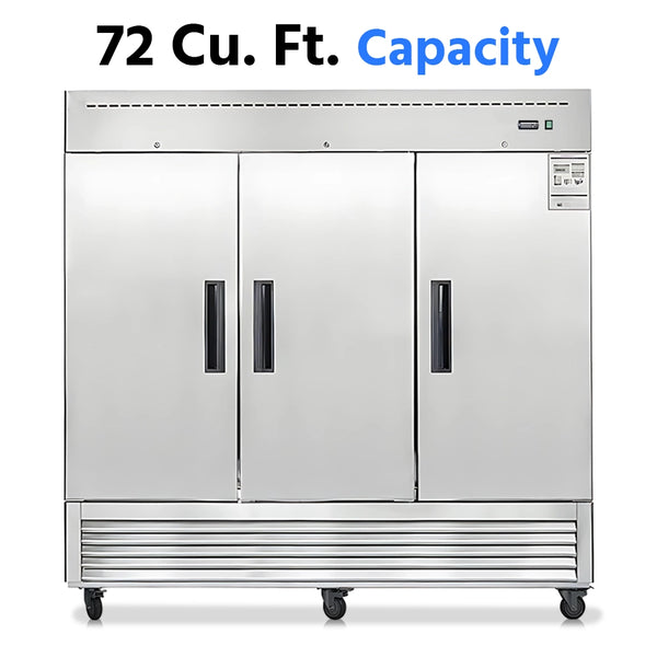 Reach-In Refrigerator, 82", 3 Solid Doors, 72 Cu. Ft., Stainless Steel, 6-Year Warranty