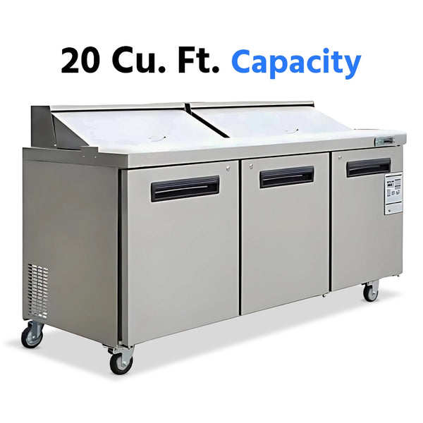 Sandwich Prep Table Refrigerator, 72", 3 Doors, 18 Pans, 20 Cu. Ft., Stainless Steel, 6-Year Warranty